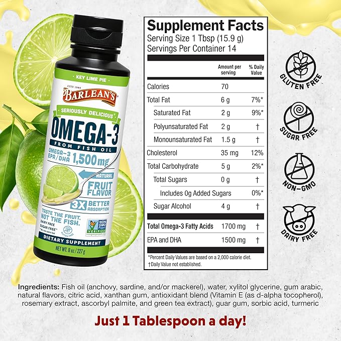 Barlean's Key Lime Pie High Potency Omega 3 Fish Oil Liquid Supplement, 1500mg of EPA& DHA Fatty Acid, Smoothie Flavored & Burpless for Brain, Joint, & Heart Health, 8 oz