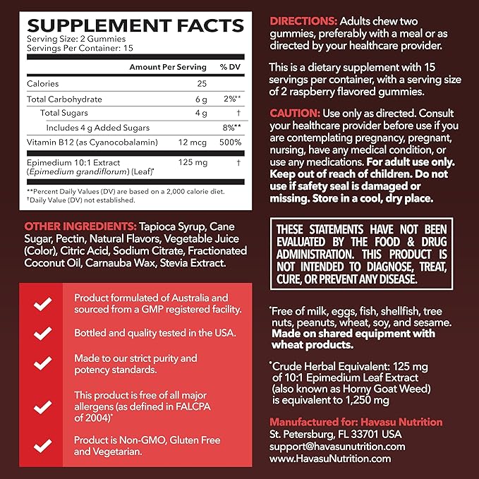 Horny Goat Weed Gummies with Vitamin B12 - Energy, Endurance & Performance Support for Male Health - 30 Count - Vegetarian-Friendly, Non-GMO, Pectin-Based - Raspberry Flavor, 15 Servings