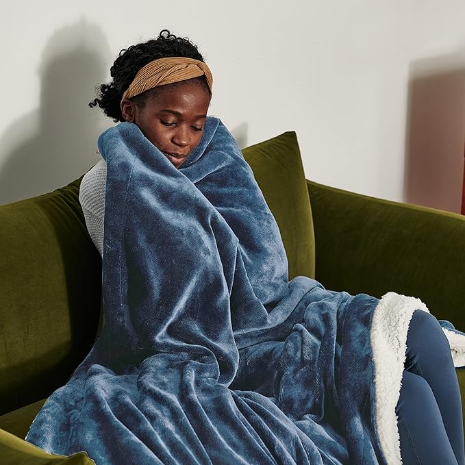 Bedsure GentleSoft Sherpa Fleece Throw Blanket Twin Size for Couch - Thick and Warm, Soft Fuzzy Plush Twin Blanket for Winter, Slate Blue, 60x80 Inches