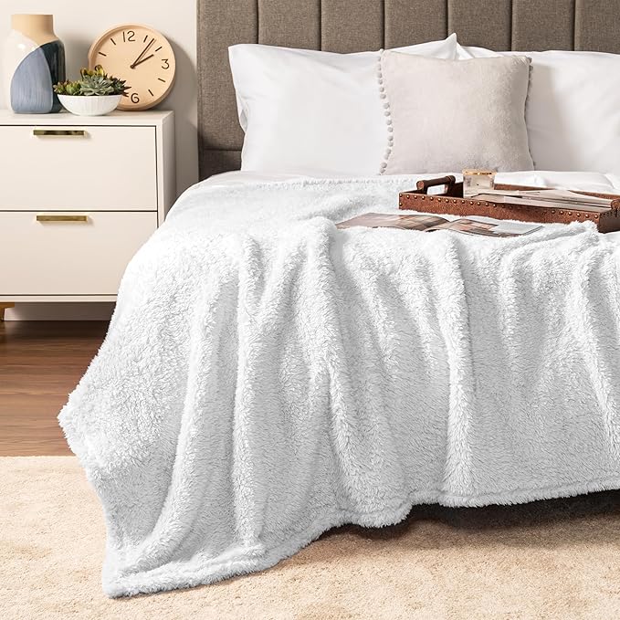 PAVILIA Sherpa Throw Blanket for Couch Sofa, White Fluffy Warm Plush Blanket for Twin Bed, Cozy Super Soft Lightweight Throw, Fuzzy Decorative Blanket, All Season Home, 60x80
