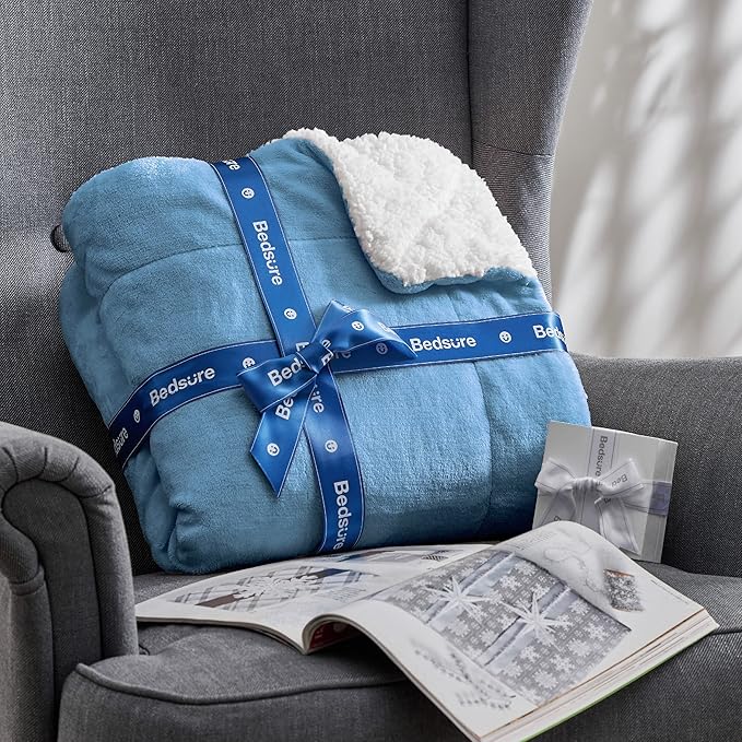 Bedsure GentleSoft Sherpa Fleece Blankets King Size for Bed - Thick and Warm, Soft Fuzzy Plush King Blanket for Winter, Washed Blue, 108x90 Inches