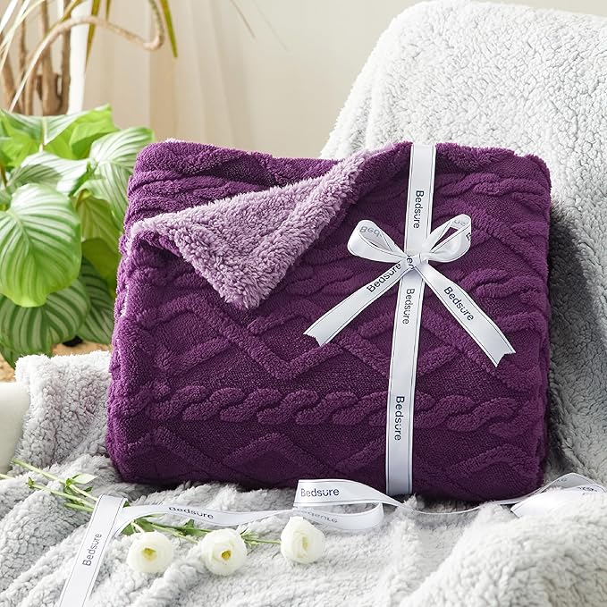 Bedsure Sherpa Fleece Throw Blanket for Couch - GentleSoft Fluffy & Cozy Cable Jacquard Tufted Throw for Women Gift, Thick and Warm Blankets for Winter, Purple, 50x60 Inches