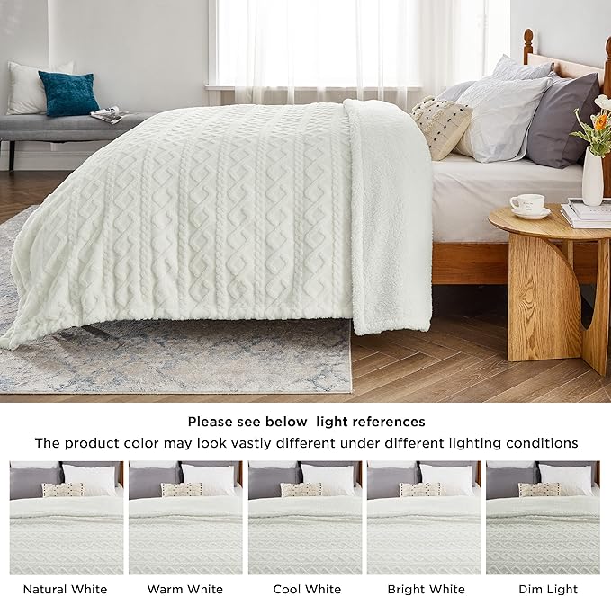 Bedsure Sherpa Fleece Blanket Twin Size for Bed - GentleSoft Fluffy & Cozy Cable Jacquard Tufted for Women Gift, Thick and Warm Blankets for Winter, Cream, 60x80 Inches