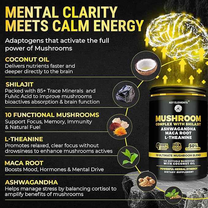 Organic Mushroom Complex with Shilajit & Coconut Oil - Lion’s Mane Mushroom Supplement with Ashwagandha and L-Theanine - Mushroom Nootropic for Memory, Focus & Immune Mushroom Capsules Softgels