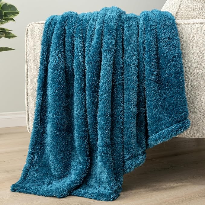 PAVILIA Sherpa Throw Blanket for Couch Sofa, Turquoise Teal Blue Fluffy Warm Plush Blanket for Twin Bed, Cozy Super Soft Lightweight Throw, Fuzzy Decorative Blanket, All Season Home, 60x80