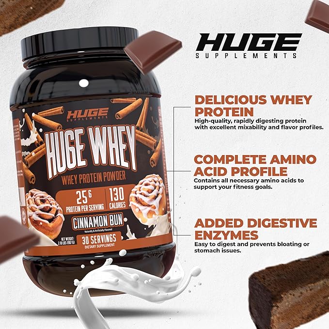 Huge Whey, Protein Powder for Muscle Gain, 25g Protein, 12g EAAs, Supports Muscle Growth, Performance & Recovery (Cinnamon Bun, 30 Servings)