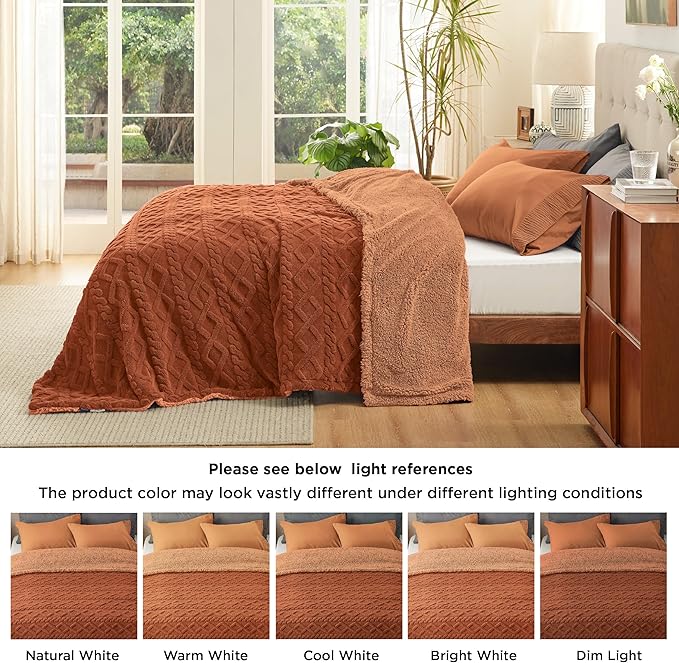Bedsure Sherpa Queen Size Blanket for Bed - GentleSoft Fleece Fluffy & Cozy Cable Jacquard Tufted for Women Gift, Thick and Warm Blankets for Winter, Orange, 90x90 Inches
