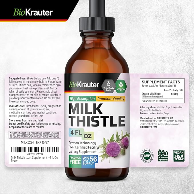 BIO KRAUTER Milk Thistle Extract Liquid - Silymarin Milk Thistle Supplement - Vegan, Alcohol & Sugar Free Liver Cleanse Detox Drops - 4 fl oz