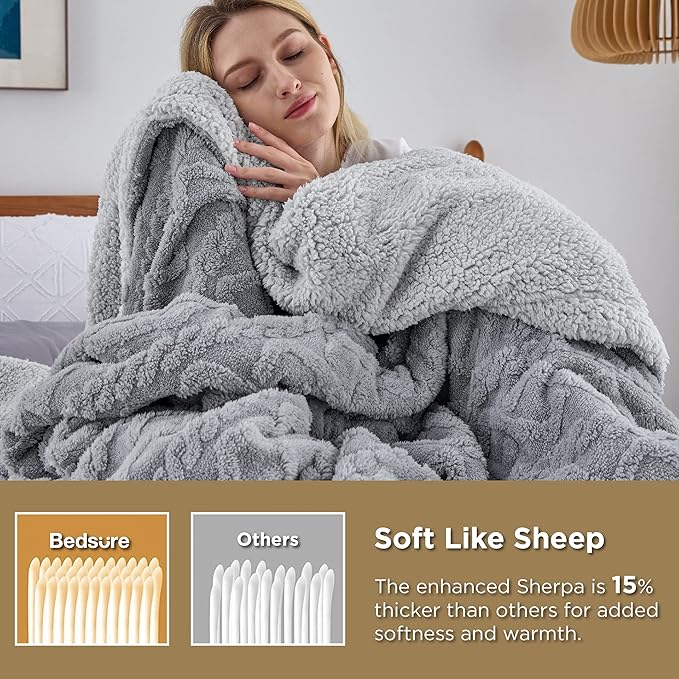 Bedsure Sherpa Queen Size Blanket for Bed - Fleece Soft Fluffy & Cozy Cable Jacquard Tufted Throw Blankets for Women Gift, Thick Warm for Winter and All Seasons, Grey, 90x90 Inches