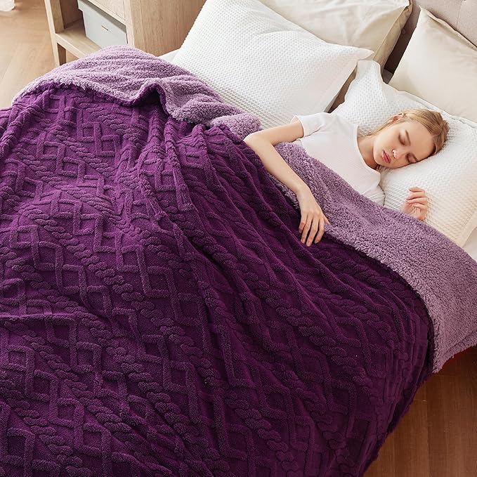 Bedsure Sherpa Fleece Throw Blanket for Couch - GentleSoft Fluffy & Cozy Cable Jacquard Tufted Throw for Women Gift, Thick and Warm Blankets for Winter, Purple, 50x60 Inches