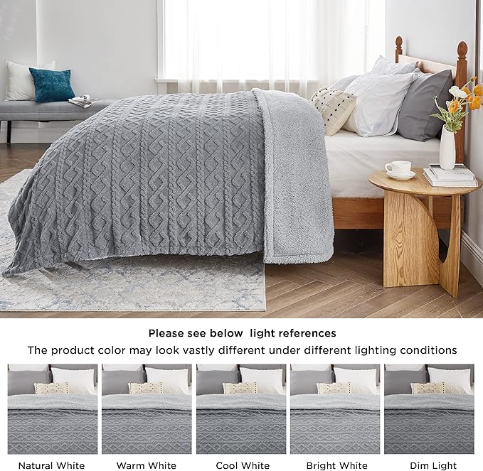Bedsure Sherpa Fleece Throw Blanket for Couch - GentleSoft Fluffy & Cozy Cable Jacquard Tufted Throw for Women Gift, Thick and Warm Blankets for Winter, Grey, 50x60 Inches