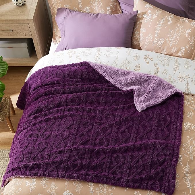 Bedsure Sherpa Fleece Throw Blanket for Couch - GentleSoft Fluffy & Cozy Cable Jacquard Tufted Throw for Women Gift, Thick and Warm Blankets for Winter, Purple, 50x60 Inches