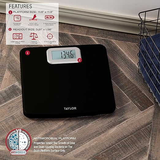 Taylor Digital Bath Scale with Antimicrobial Surface Protection, Bathroom Scale for Body Weight, 400 lbs. Black