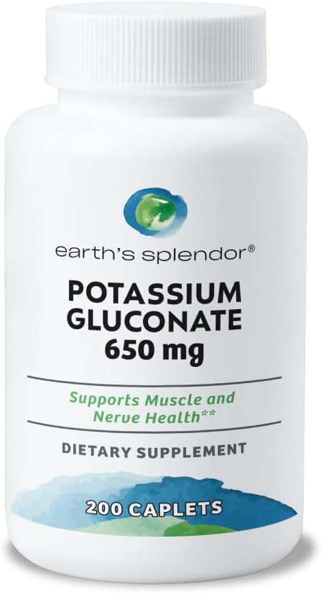 Earth's Splendor Potassium Gluconate 99mg Tablets - Supports Muscle and Nerve Health for Adults, 200 Count - 6+ Month Supply