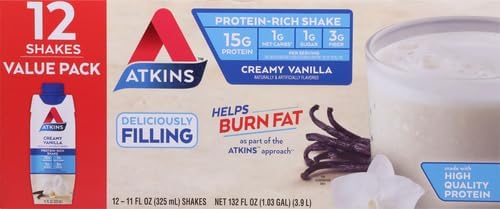 Atkins Creamy Vanilla High Protein Shake, 15g Protein, Low Glycemic, Low Carb and Low Sugar Shakes, Keto Friendly, 12 Vanilla Flavored Protein Shakes