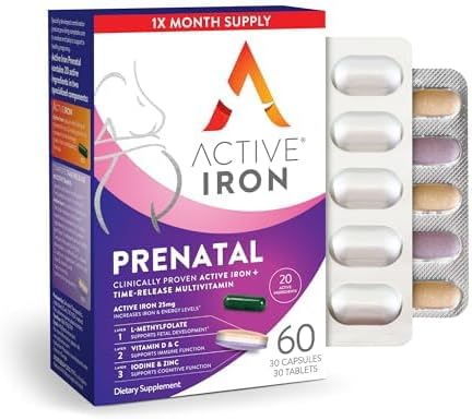 Active Iron Prenatal, Iron Supplement + Prenatal Vitamins for Women, 30 Non-Constipating Capsules + 30 Time-Release Multivitamins, Pregnancy, Breastfeeding & Postpartum Essentials