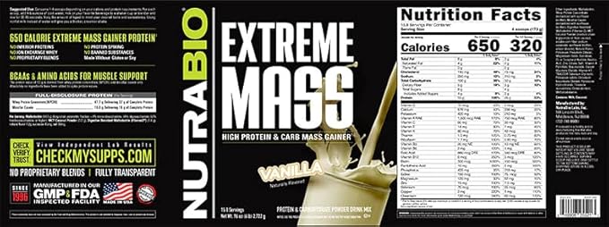 NutraBio Extreme Mass Gainer Protein Powder, 53G Protein, Clean Weight Gainer, Increase Muscle Mass, Full Spectrum Amino Acid - Vanilla, 6 Pound