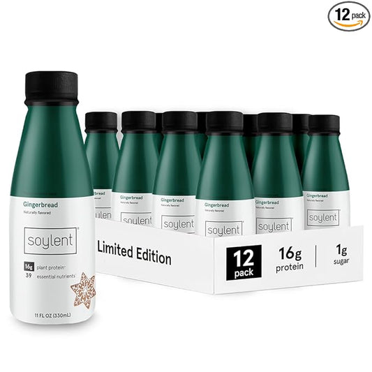 Soylent Complete Meal Replacement Shake, Gingerbread, 16g Complete Protein, Ready-to-Drink Plant Based Protein Drink, 1g Sugar, 11oz (12 Pack)