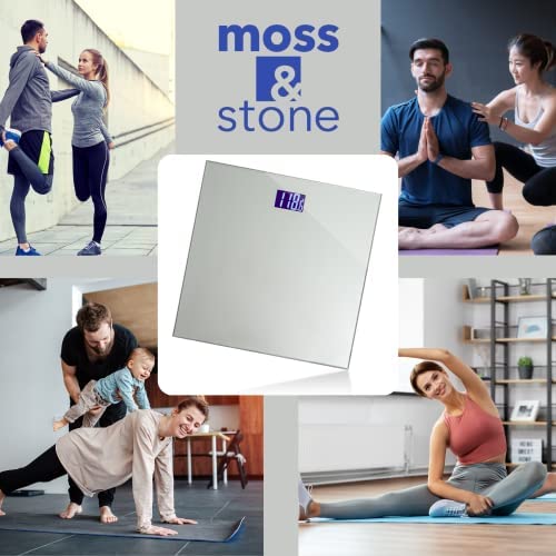 Moss & Stone Silver Digital Bathroom Scale for Body Weight, Smart Step-On Technology, Backlit LCD Display, High Accuracy Weight Scale 400lb/180kg, Glass Slim Design, Auto On/Off, Home Use
