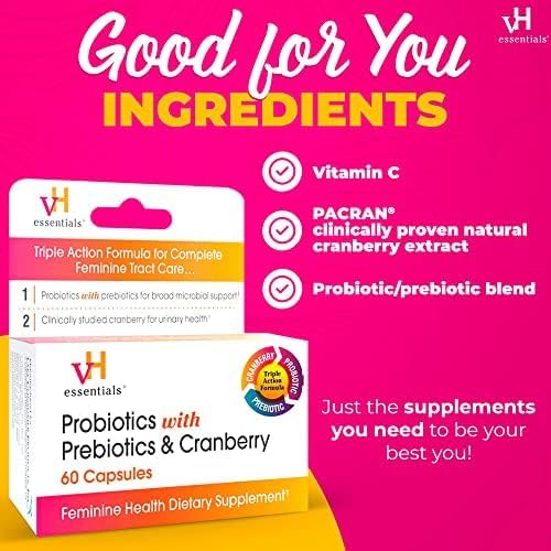 vH Essentials Probiotics for Women with Prebiotics, Cranberry & Vitamin C - 60 Capsules (30 Day Supply) - Vaginal Probiotics Support Gut Balance, Vaginal Health & Urinary Tract Health for Women