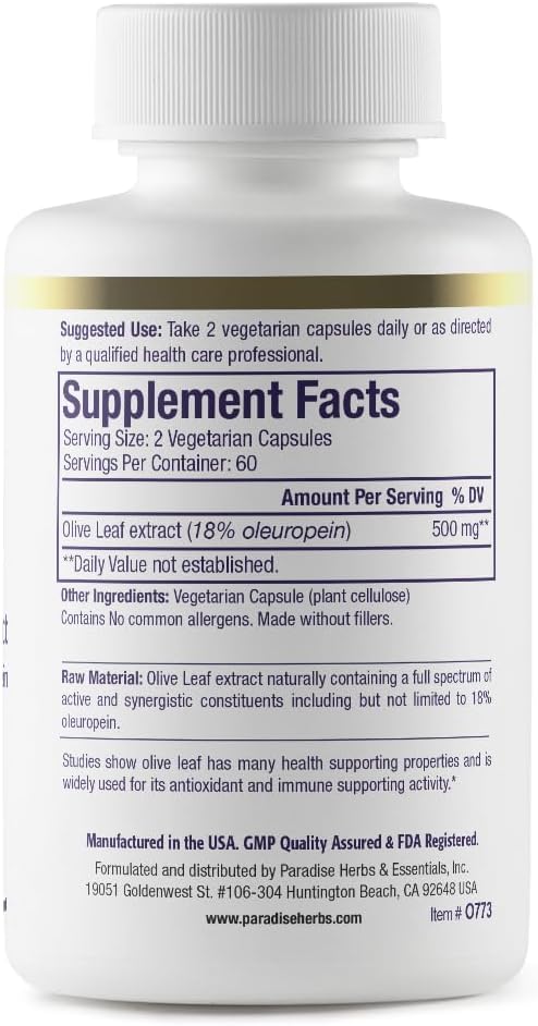 Paradise Herbs Olive Leaf Extract from Spanish Andalusian Olive Trees, Super Potent, Ultra Pure, Non-GMO, Vegan, Gluten Free, 120 Vegetarian Capsules