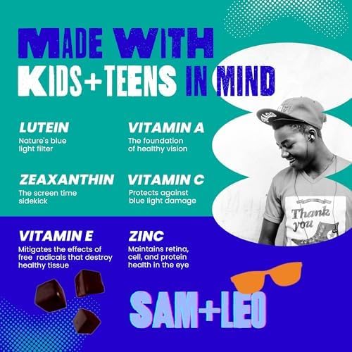 SAM+LEO EYES+ Kids Gummy Vitamins - All Natural, Vegan Eye Vitamins for Kids & Teens - Vitamin A, Zinc, Lutein and Zeaxathin Gummies - Orange Flavor - 60/ct