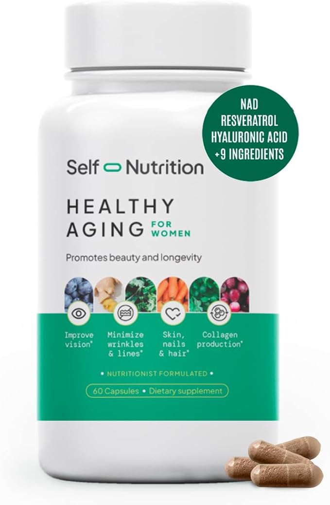 Healthy Aging Supplement for Women - Resveratrol, NAD, Collagen Booster, Biotin, Hyaluronic Acid & More. Cellular Health, Beauty, Longevity - USA, Vegan, 60 Capsules.