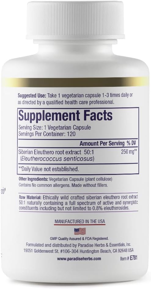 Paradise Herbs Eleuthero Root Extract, Adaptogen Supplement, Super Potent, Ultra Pure, Vegan, Non GMO, 120 Vegetarian Capsules