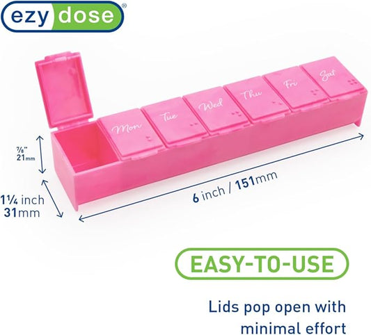 EZY DOSE Weekly (7-Day) Daily Pill Case, Medicine Planner, Vitamin Organizer, Supplement Container, Convenient and Easy to Use, Large Compartments, Pink, Travel-Friendly, Made in The USA, BPA Free