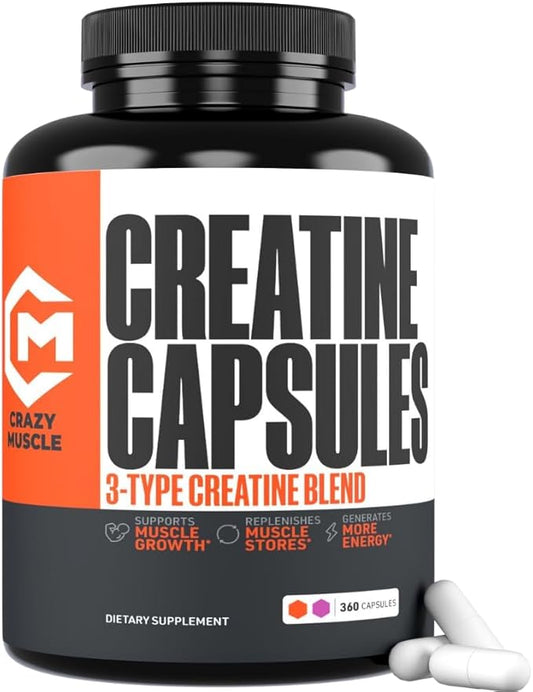 Crazy Muscle Creatine Capsules, 5g of Premium 3X ThreeAtine Pre Workout Bulk Mass Gainer, High Absorption Easy to Take Creatine Monohydrate, Optimum Performance for Men Women, 360 Capsules