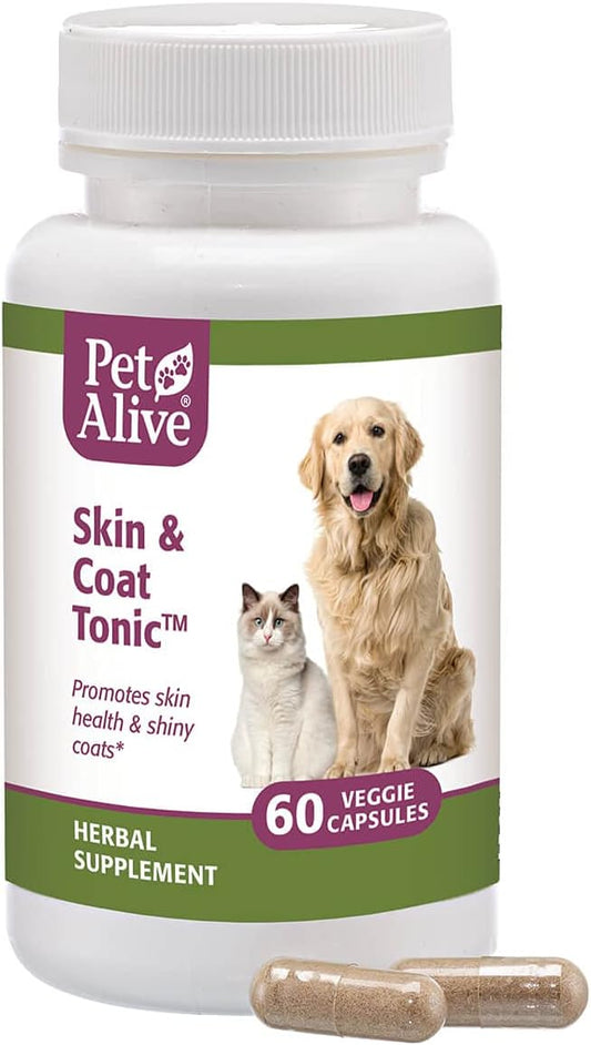 PetAlive Skin and Coat Tonic - All Natural Herbal Supplement for Cat and Dog Skin Health and Shiny, Glossy Coats - 60 Veggie Caps