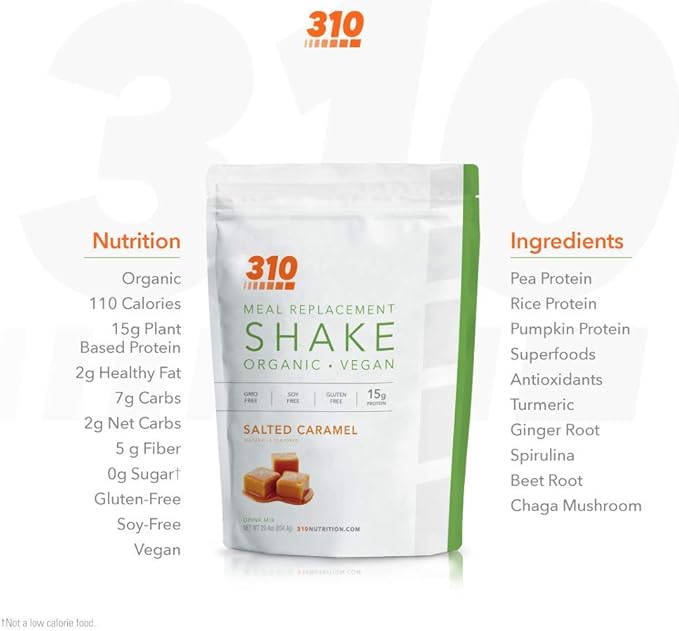 310 Nutrition Organic All-In-One Meal Replacement Shake Powder - Plant-Based Protein Smoothie Blend w/Fiber, Probiotics & Adaptogens - Low Carb, Vegan, Keto & Paleo - Salted Caramel - 28 Servings