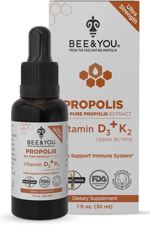 BEE and You 100% Natural Propolis Extract | Vitamin D3 K2 High Potency, Immune Support Supplement, Antioxidants, Natural Detox, Keto, Paleo, Gluten-Free | 1 Fl Oz