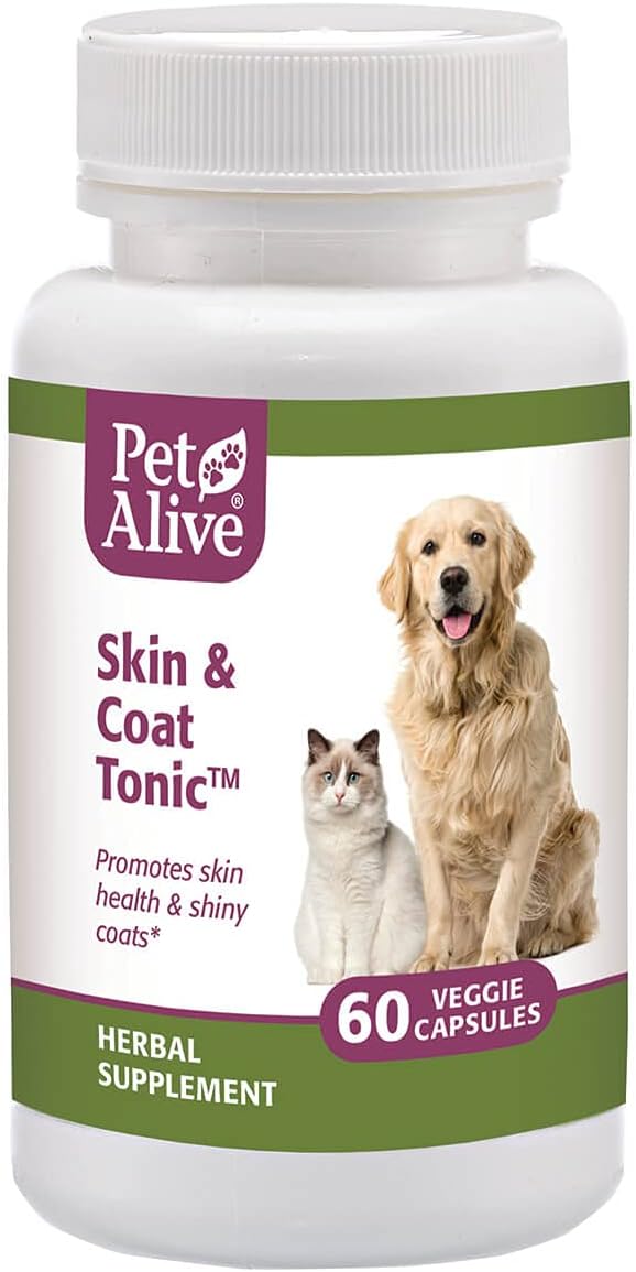 PetAlive Skin and Coat Tonic - All Natural Herbal Supplement for Cat and Dog Skin Health and Shiny, Glossy Coats - 60 Veggie Caps