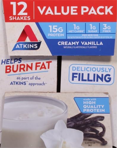 Atkins Creamy Vanilla High Protein Shake, 15g Protein, Low Glycemic, Low Carb and Low Sugar Shakes, Keto Friendly, 12 Vanilla Flavored Protein Shakes