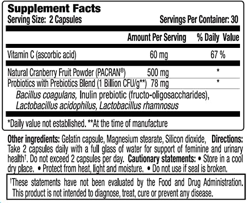 vH Essentials Probiotics for Women with Prebiotics, Cranberry & Vitamin C - 60 Capsules (30 Day Supply) - Vaginal Probiotics Support Gut Balance, Vaginal Health & Urinary Tract Health for Women