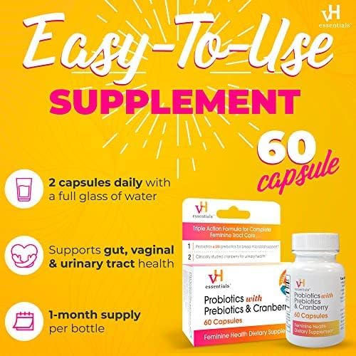 vH Essentials Probiotics for Women with Prebiotics, Cranberry & Vitamin C - 60 Capsules (30 Day Supply) - Vaginal Probiotics Support Gut Balance, Vaginal Health & Urinary Tract Health for Women