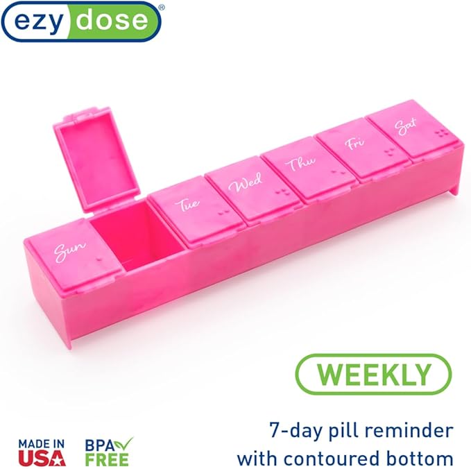 EZY DOSE Weekly (7-Day) Daily Pill Case, Medicine Planner, Vitamin Organizer, Supplement Container, Convenient and Easy to Use, Large Compartments, Pink, Travel-Friendly, Made in The USA, BPA Free