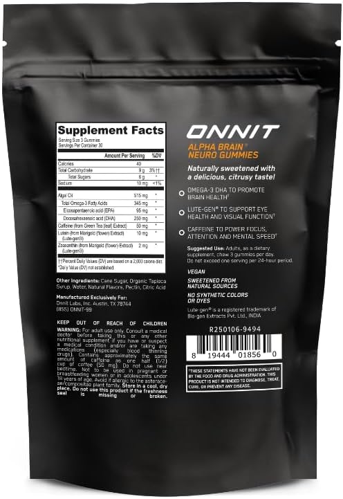 ONNIT Alpha Brain Neuro Focus Gummies - Vegan Gummies with Omega-3s, Lutein, Zeaxanthin & Caffeine - Brain, Eye & Focus Supplement for Men & Women†, Citrus Punch Flavor, 90 Count