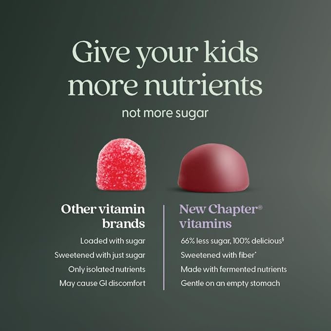 New Chapter Kids Multivitamin Gummies - 50% Less Sugar, Kids Gummy Vitamins with Vitamins C, D3 & Zinc, Non-GMO, Gluten Free, Berry-Citrus, 60ct