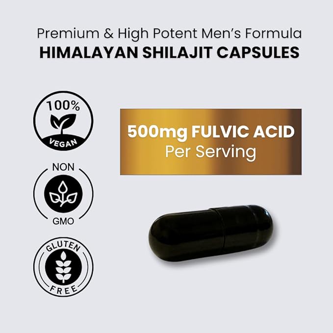 Pure Himalayan Shilajit for Men 1000mg per Serving with 50% Fulvic Acid | Supports Energy, Immune Health & Vitality | Vegan, Gluten-Free, with Probiotics – 180 Capsules