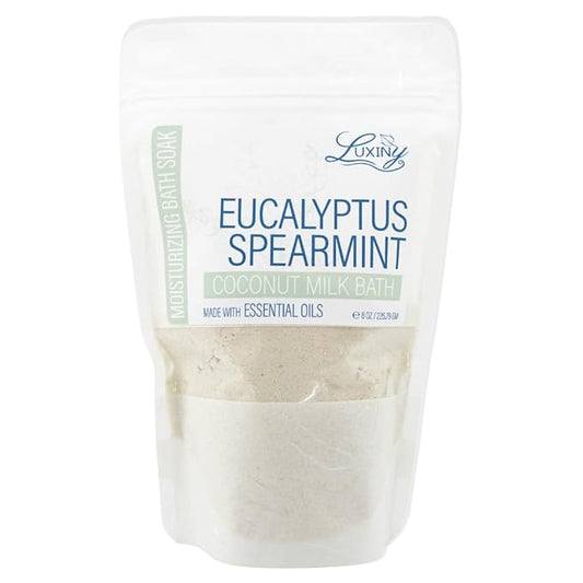 Vegan Milk Bath Soak Made with Moisturizing Coconut Milk Powder, Essential Oil, & Sweet Almond Oil for a Bath Bomb Dust Soothing Fizz & Relaxing Soak, 8 oz. (Eucalyptus Spearmint)