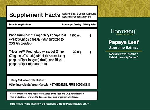 Harmony Nutraceuticals Papaya Leaf Supreme Extract Highest Potency Maximum Bioactivity Organic Dr. Gumman's Clinical Grade 120 Vegan Capsules Synergized with Triperine