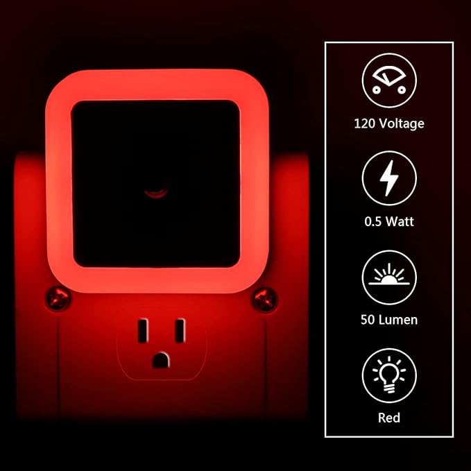 KINUR 6 Pack Red Night Light, LED Night Lights Plug into Wall with Dusk to Dawn sensors, Plug in Night Lights for Kids Room, Bedroom, Bathroom, Baby Nursery,Stair Lights, Hallway Light, Daylight
