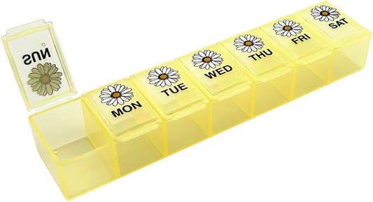 EZY DOSE Weekly (7-Day) Daily Pill Case, Medicine Planner, Vitamin Organizer, Supplement Container, Large Compartments, Yellow Daisy Days Design, Easy-to-Open, Travel-Friendly, BPA Free