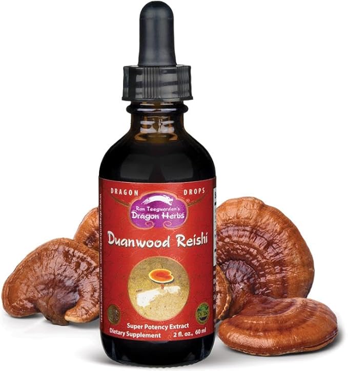 Dragon Herbs Duanwood Reishi Drops • Mushroom Supplement • Mountain Organically Log Grown • Triple Extractions • for Immunity, Sleep, Heart, Liver, Stress, Super Potency Fast Acting • 2 fl oz, 60 mL
