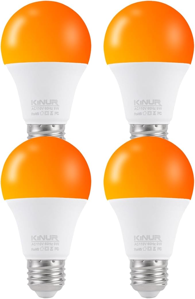 KINUR LED Amber Light Bulbs, A19 9W(60W Equivalent) 1800K E26 A19 Amber Soft Light Bulbs Warm Light for Bedroom, Healthy Sleep, Baby Nursery Light, Turtle Friendly Light 4 Pack
