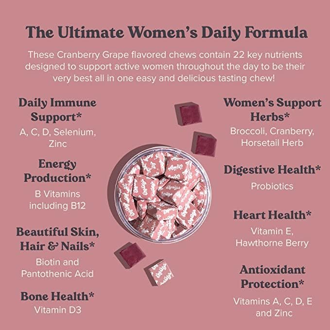 Chewsy - Women's Multivitamin Chews - Immune and Energy Support, Vitamins C, B12, A, D, E, Folic Acid, Probiotics, Biotin - 6-Day Supply