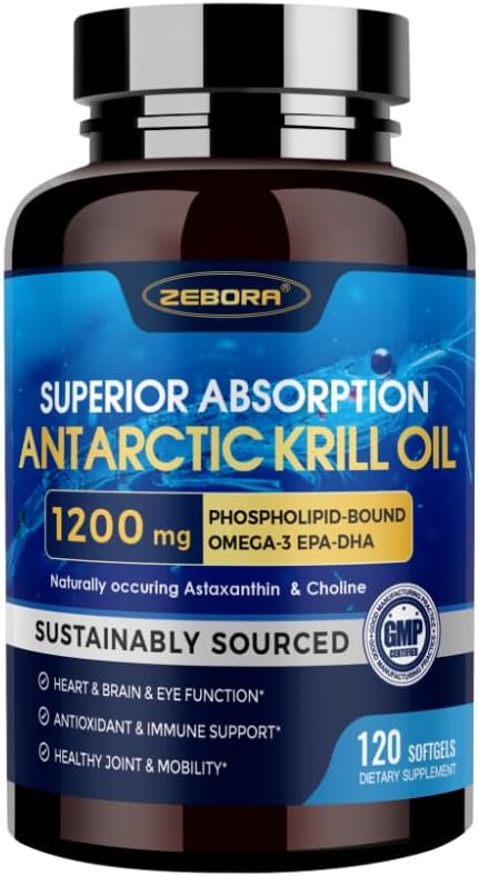 Krill Oil 1200 mg Omega 3 Supplement, Krill Oil Omega 3 with High Absorption EPA, DHA, Astaxanthin & Phospholipids, Supports Heart & Joint Health, No Fishy Aftertaste - 120 Softgels (60 Servings)