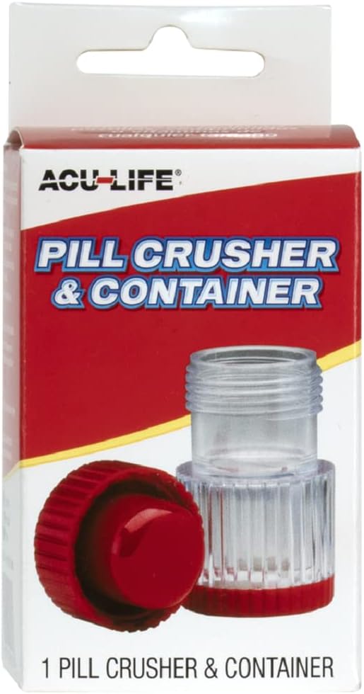 Pill Crusher and Grinder, Daily Usage, Safely Crushes Pills, Vitamins, Tablets, Accurate and Easy to Use, Includes Storage Container, Transparent/Red, BPA Free